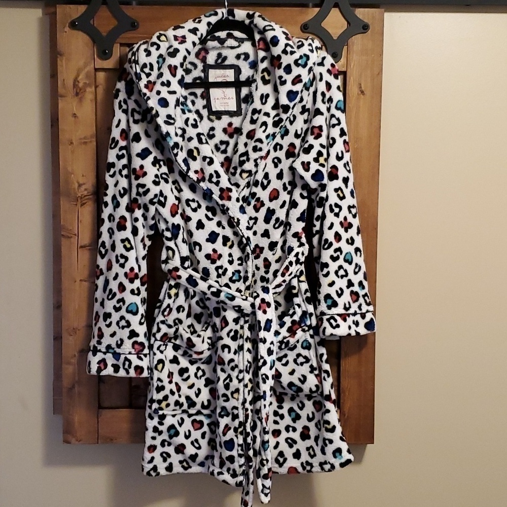 JULES and James Black White Plush Terrycloth Hooded Bathrobe size S/M